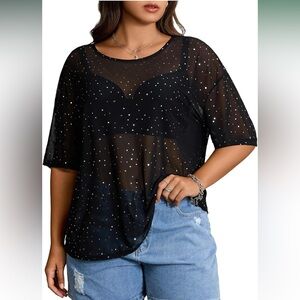 Women's Plus Size Black Sheer Tops Sequin See Through Short Sleeve